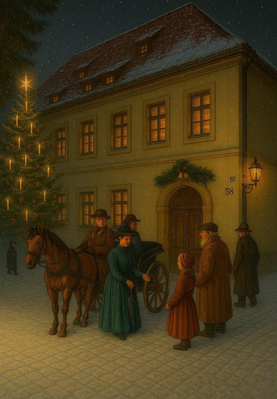 Familie in historischen Kleidern bei einer verschneiten Straßenszene mit einem Pferd.